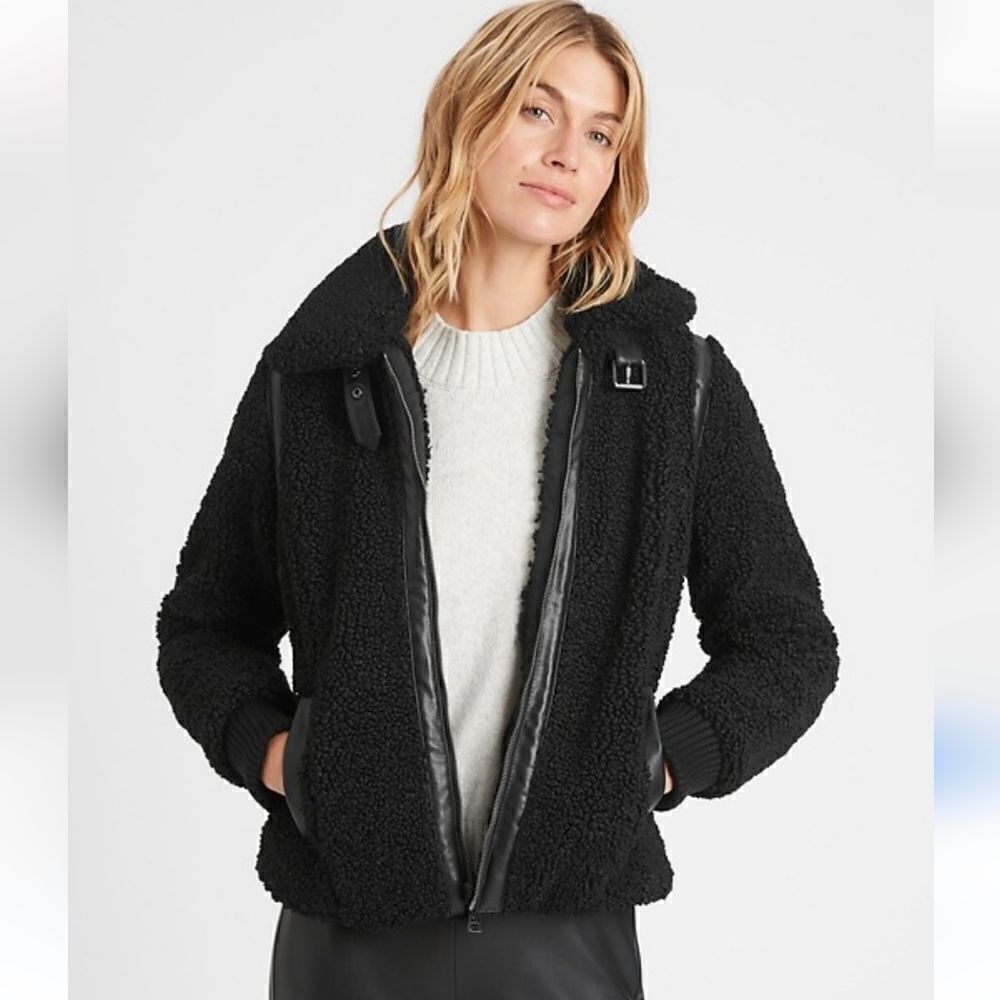 Banana Republic Sherpa Bomber Fleece Moto Aviator Jacket size L